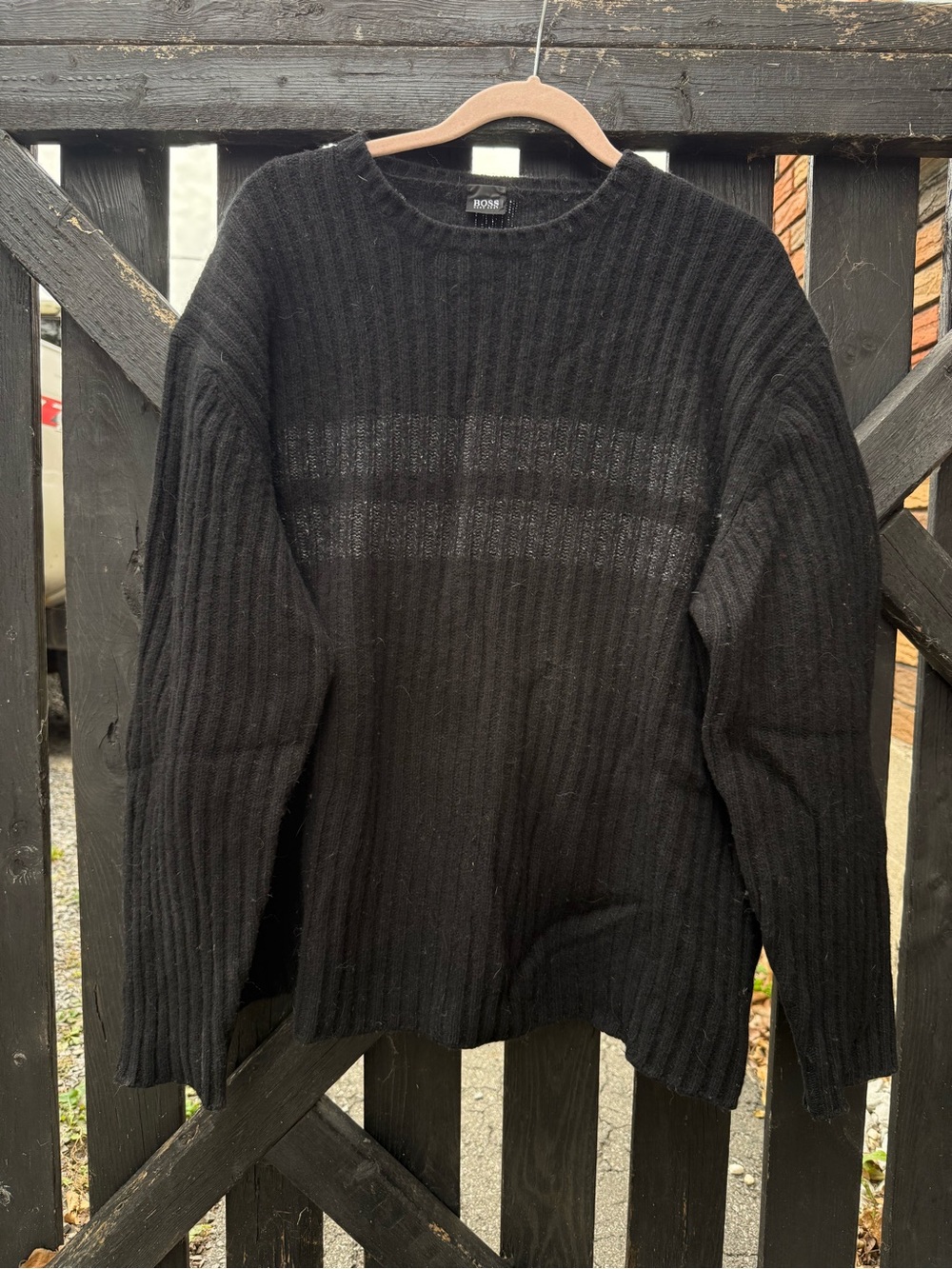 BOSS Mens Black Ribbed WOOL Crewneck Sweater